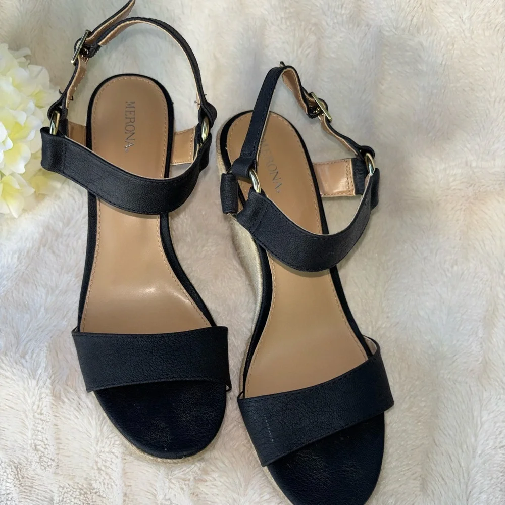 Merona Black Espadrille Wedge Sandals with Ankle Strap size 9